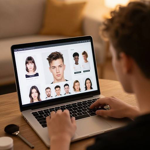 Photograph of a person with curly brown hair, back to camera, typing on a silver laptop displaying a collage of facial photos. Blurred living room