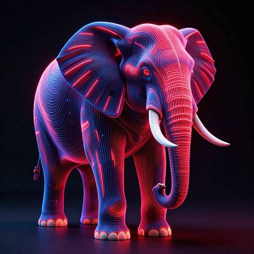 Neon-lit, wireframe digital illustration of an elephant with glowing blue and pink stripes, white tusks, and a dark background.