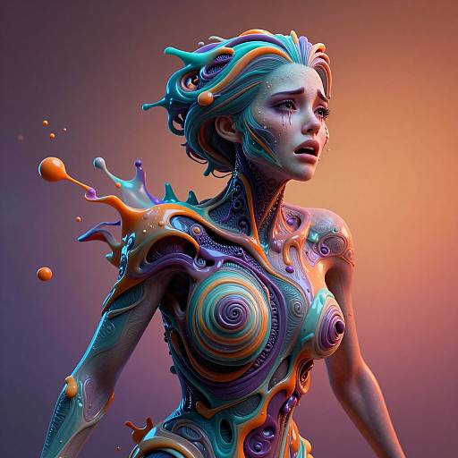 Digital CGI artwork of a topless, blue and orange glowing, abstract humanoid woman with flowing hair, intricate patterns, and splashes, set against a