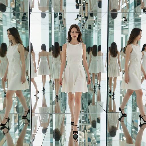 Photograph of a young woman with long brown hair, wearing a white sleeveless dress and black high heels, standing on a mirrored floor with multiple reflections