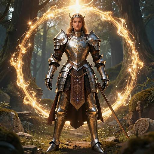 Digital artwork of a fierce female warrior in shining silver armor, standing in a forest, with a glowing, circular fire halo behind her.