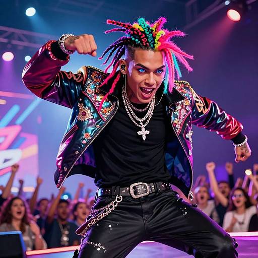 Photograph of an energetic performer with colorful dreadlocks, wearing a sparkly black leather jacket and black pants, on stage under vibrant lights, fists raised