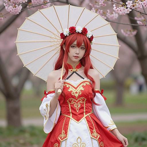 Asian woman in ornate red cosplay dress with parasol