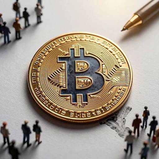 Photograph of a gold Bitcoin coin centered on a white surface, surrounded by tiny, blurred people, with a pen tip in the top right corner.