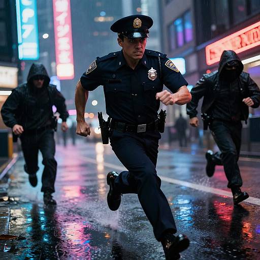 Photograph: Police officer in black uniform sprinting down rain-soaked, neon-lit city street, pursued by two hooded figures in dark clothing