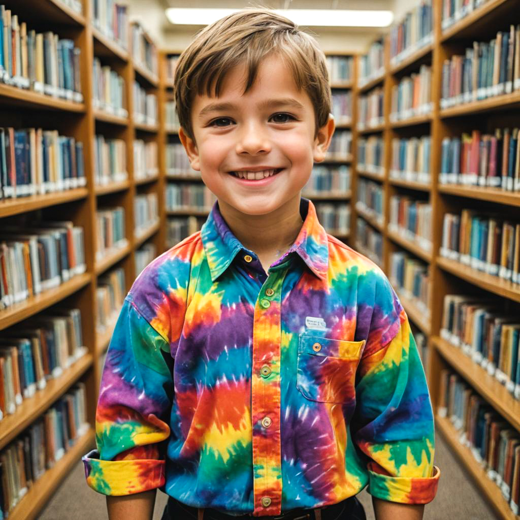 Happy Child in Colorful Library Setting