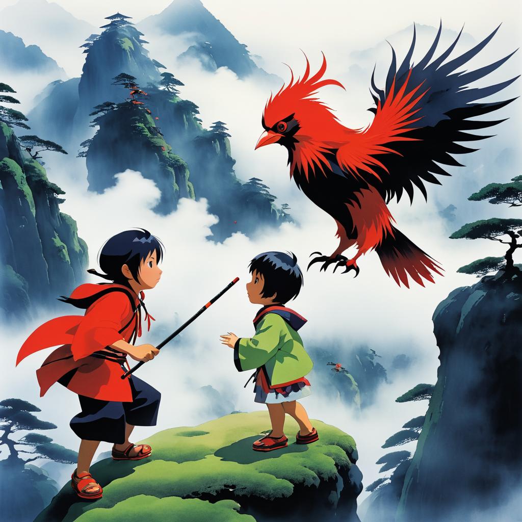 Playful Tengu and Child on Mountain Top