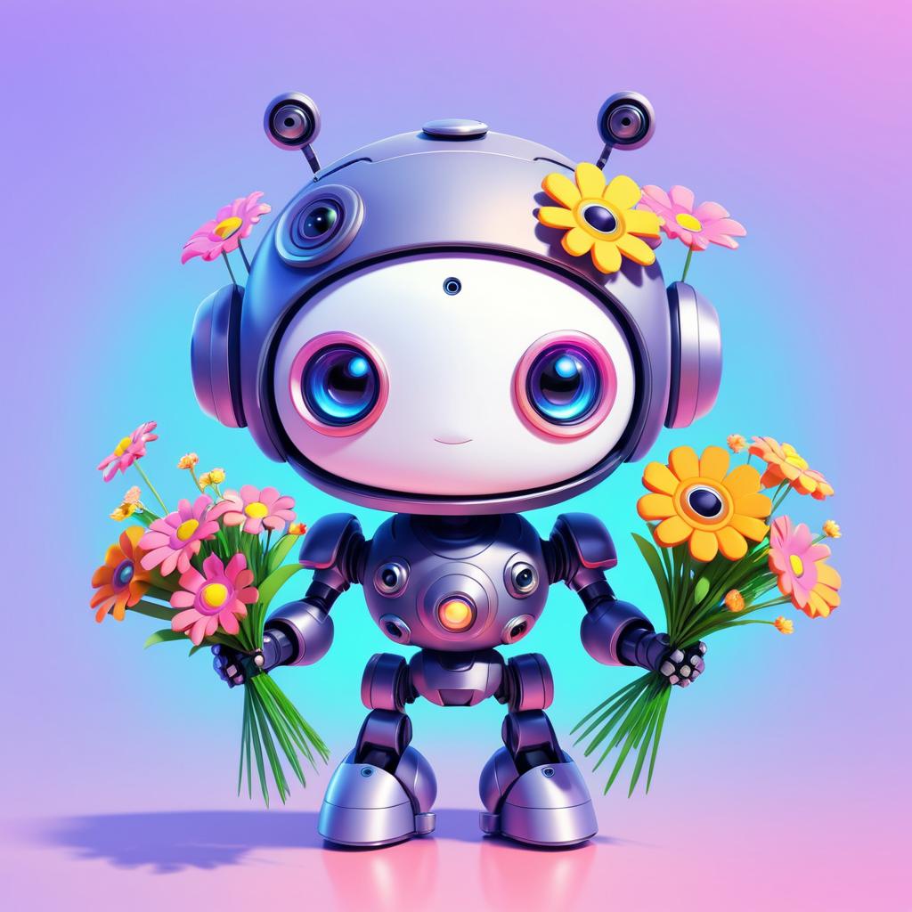 Playful Anime Robot with Flower Bouquet