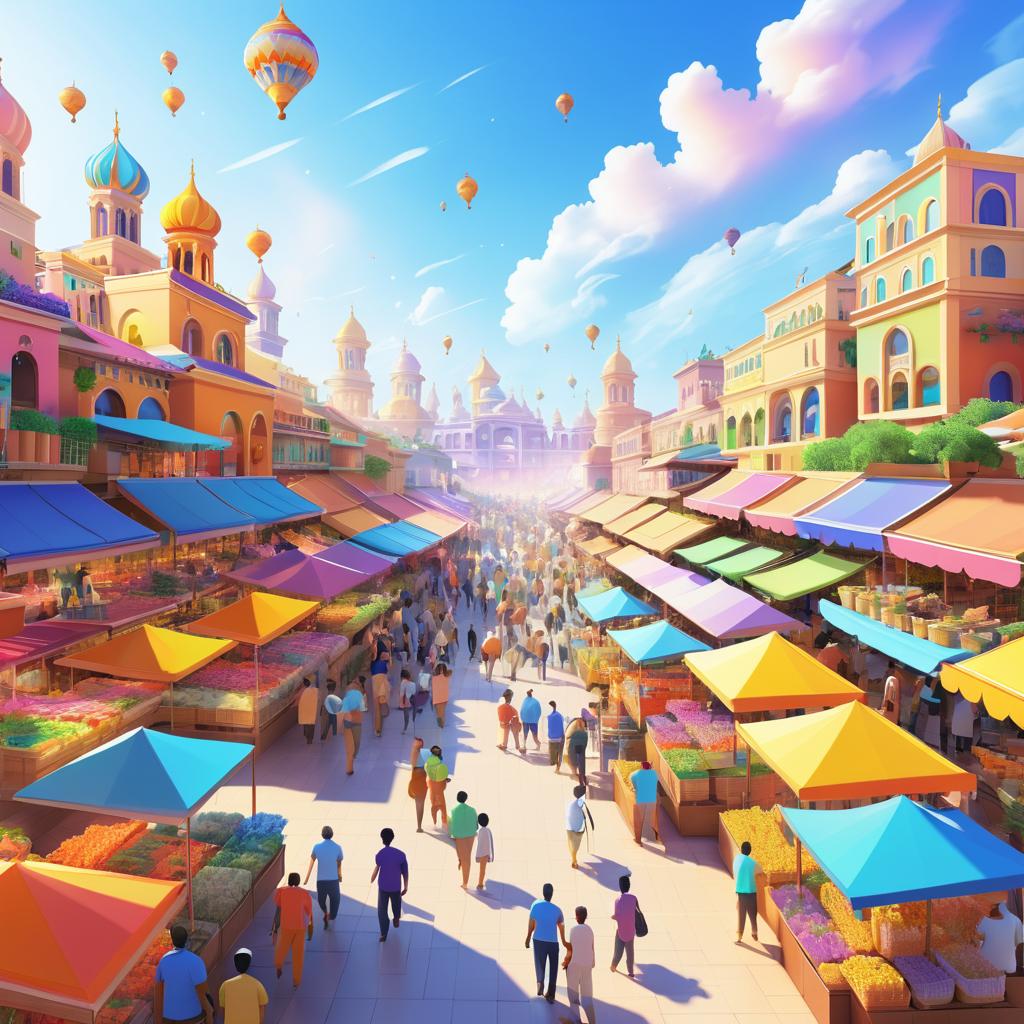 Vibrant Marketplace Under Colorful Sky