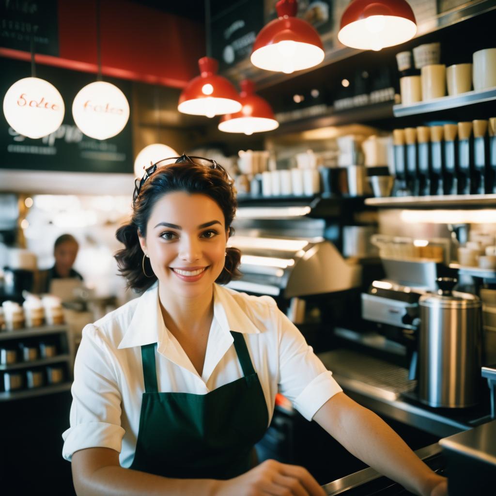 Cheerful Barista in Bustling Café Scene