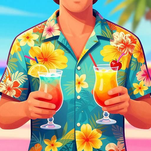 Digital illustration of a man in a floral Hawaiian shirt, holding two tropical cocktails with umbrellas and cherry garnishes, against a bright beach background.
