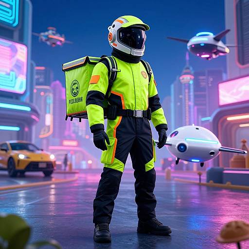 CGI image of a neon-clad, futuristic city worker in a helmet, backpack, and reflective suit, standing on a neon-lit street with