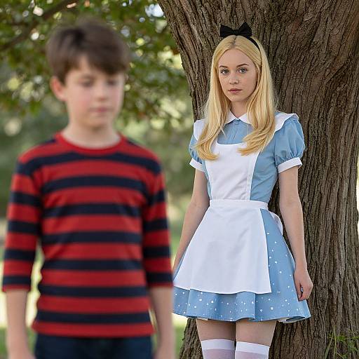 Photograph of a blonde girl in a blue and white Alice in Wonderland dress, black bow, white stockings, standing by a tree, with a blurred