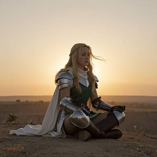 Photograph of a blonde warrior woman in silver armor and white cape, sitting meditatively at sunset on a barren hilltop.