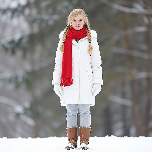 Photograph of a blonde girl with braids, wearing a white parka, red scarf, light blue jeans, and brown boots, standing in a