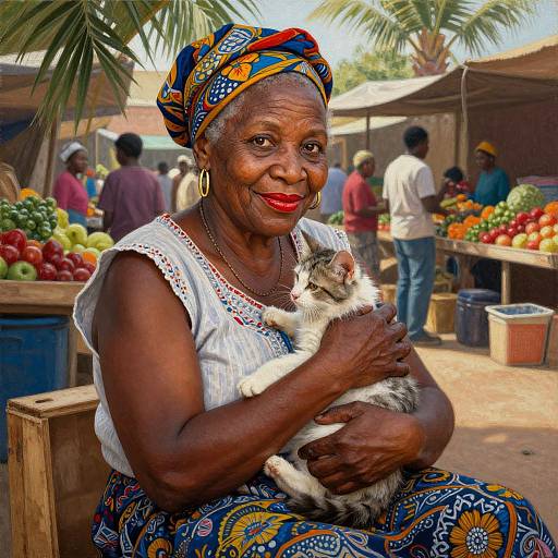Photograph of a smiling, dark-skinned African woman with red lipstick, wearing a colorful headwrap and patterned dress, holding a gray and white