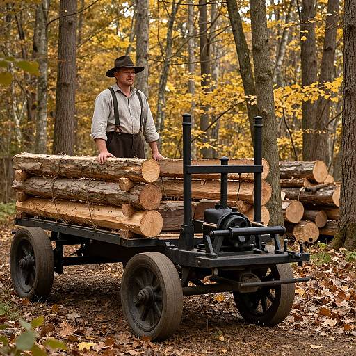 Photograph of a man in a white shirt and black suspenders, wearing a brown hat, standing beside a wooden log cart in a forest with autumn