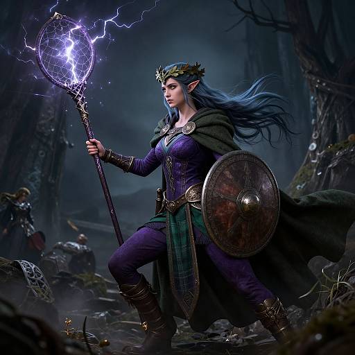 Digital fantasy art of a fierce, blue-haired elf warrior with glowing staff, crown, and shield, amidst a dark, stormy forest.
