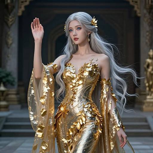 Digital art of a fair-skinned, silver-haired woman in a gold, leaf-patterned, off-shoulder gown, waving in an ornate