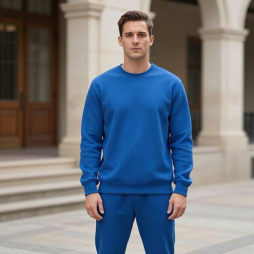 Photograph of a young Caucasian man with short brown hair, wearing a bright blue sweatshirt and matching pants, standing in front of a blurred architectural background