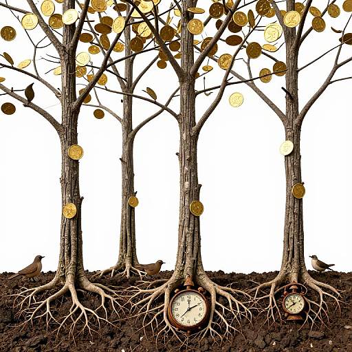 Digital illustration of four bare trees with gold coins on branches, and clock faces rooted in dark soil against a white background.