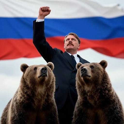 Photograph of a mustached man in a black suit, raising his fist, flanked by two brown bears, with a Russian flag in the background
