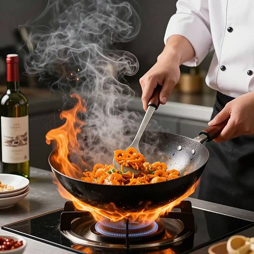 Chef Stirring Vibrant Flaming Wok