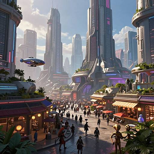 Digital art of a bustling futuristic city with towering neon-lit skyscrapers, flying car, diverse pedestrians, and vibrant street market stalls.
