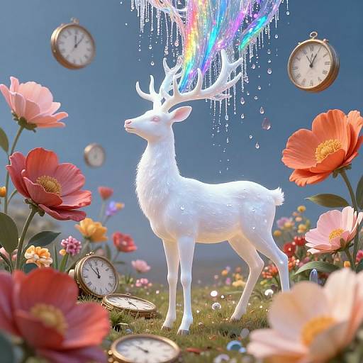 Photograph of a glowing white deer with rainbow antlers amidst colorful flowers, surrounded by floating pocket watches against a clear blue sky.