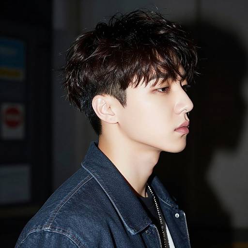 Photograph of a young, pale-skinned man with short, dark, messy hair, wearing a black denim shirt, looking to the right in a