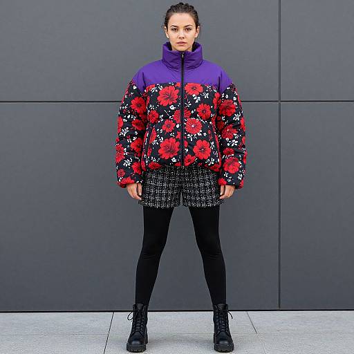 Photograph of a woman with braided hair, wearing a purple and black floral jacket, black patterned skirt, black leggings, and black boots,