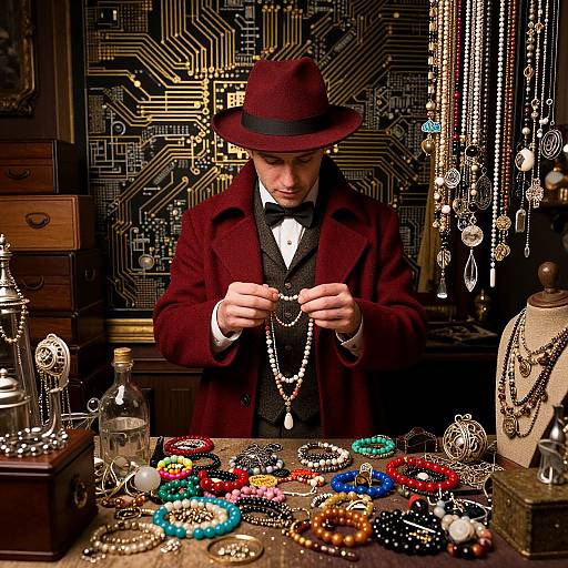 Steampunk-style photograph of a young man in a burgundy coat and hat, carefully examining beaded necklaces in a dark, intricate jewelry shop