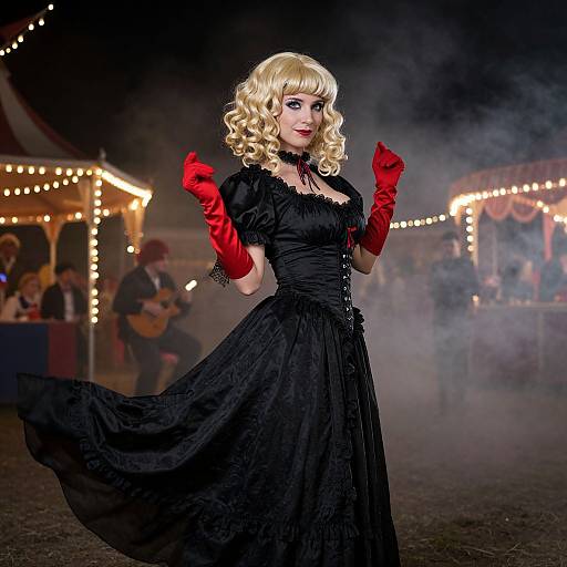 Photograph of a blonde woman in a black Victorian dress with red gloves, standing in a smoky carnival at night. Festive lights and musicians in