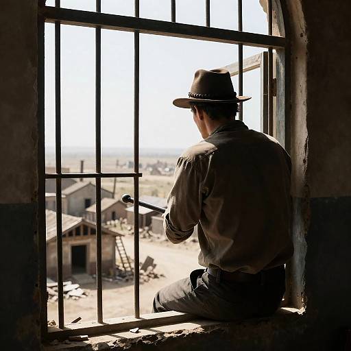 Man Observing Ruins from Broken Window