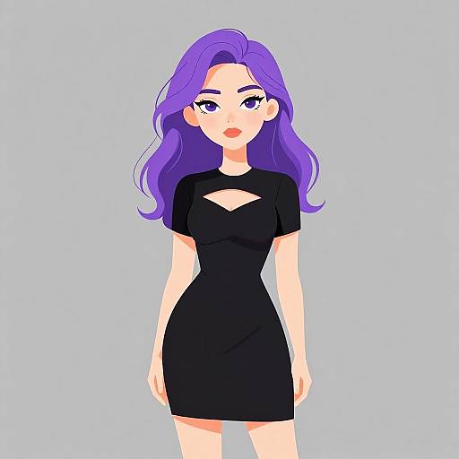 Digital anime-style drawing of a fair-skinned woman with vibrant purple hair, wearing a black dress with a cutout, against a light blue background.