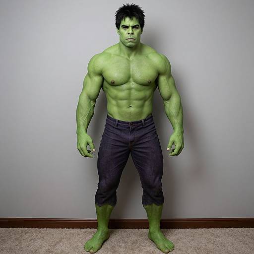 Photograph of a muscular, green-skinned man with black hair, wearing dark pants, standing against a plain white wall, and beige carpet.