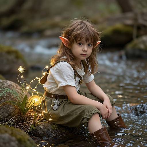 Photograph of a young girl with elf ears, wearing a white shirt, green shorts, and brown boots, sitting by a stream with fairy lights,