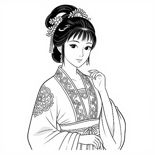 Black and white line drawing of a traditional Japanese woman with an elegant updo, floral hairpins, and intricately patterned kimono.