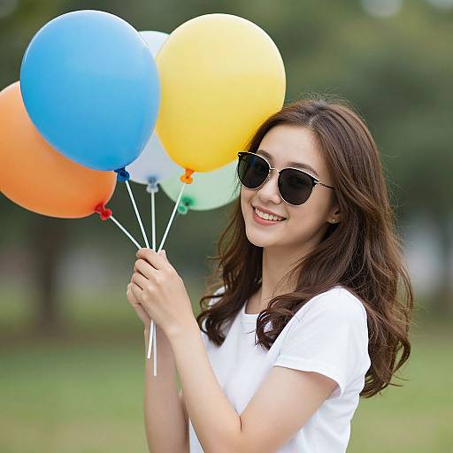 Photograph of a smiling young woman with long brown hair, wearing sunglasses and a white t-shirt, holding colorful balloons (blue, yellow, orange,