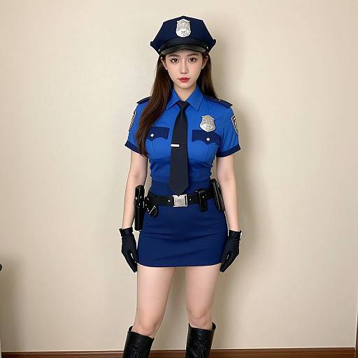 Photograph of an East Asian woman in a blue police uniform, short skirt, black tie, gloves, and boots, standing against a plain white wall