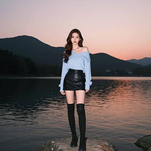 Stylish Woman at Sunset Lake