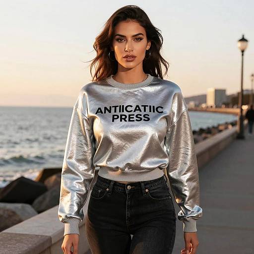 Photograph of a woman with wavy dark hair, wearing a silver metallic sweater with 