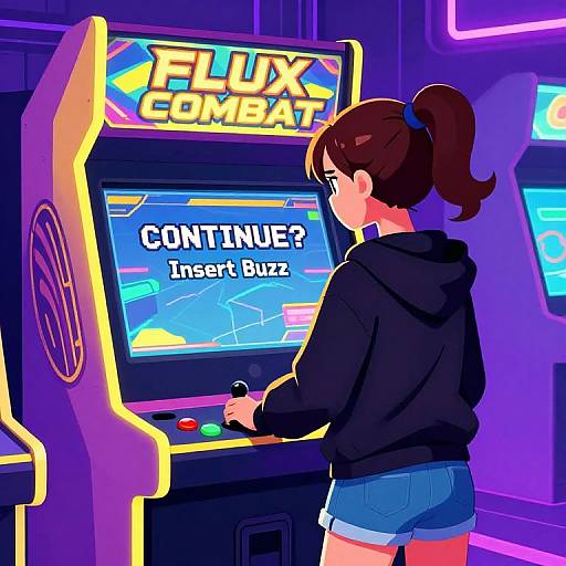 Digital drawing of a young woman with brown hair in a ponytail, wearing a black hoodie and blue shorts, playing a brightly lit 