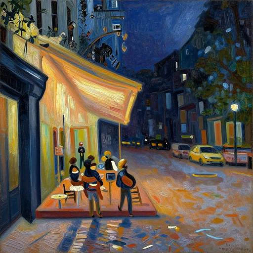 Vibrant, impressionistic painting of a nighttime urban street scene with three people sitting at a lit café table under a yellow awning, surrounded by