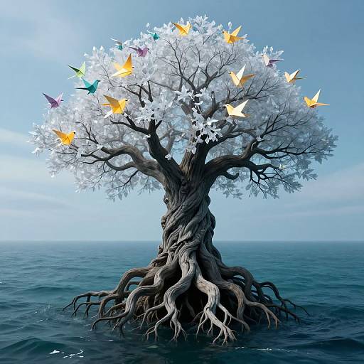 Digital art of a twisted tree with white blossoms and colorful butterflies, rooted in a calm ocean under a blue sky.