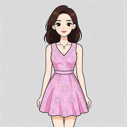 Digital anime-style drawing of a young woman with straight brown hair, wearing a pink floral dress with a V-neck, against a white background. She has