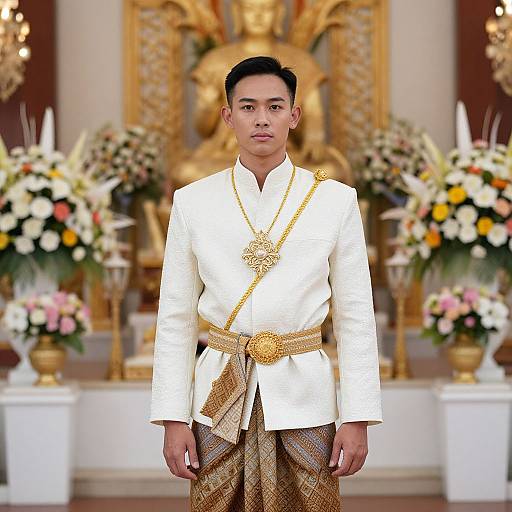 Photograph of an Asian man in traditional white Thai wedding attire with gold embroidery, standing in front of an ornate, gold-decorated altar with