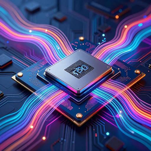 Photograph of a silver CPU chip with glowing, multicolored, neon-like data streams radiating from it on a dark, intricate circuit board.