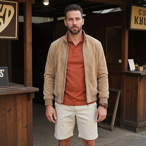 Photograph of a handsome man with short dark hair and beard, wearing a beige suede jacket, red polo, and white shorts, standing outside a rustic
