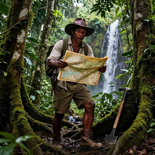 Photograph of a brown-skinned man in khaki shorts and hat, holding a map, standing in a lush jungle with a waterfall in the background